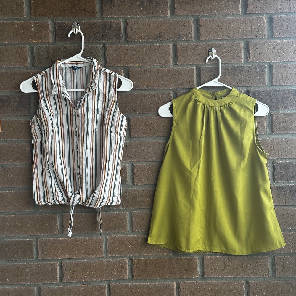 Striped Tie-Front Blouse and Olive Sleeveless Top